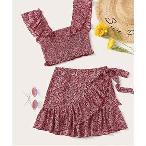 MakeMeChic Two Piece Ruffle Trim Cami Crop Top and Wrap Skirt Set